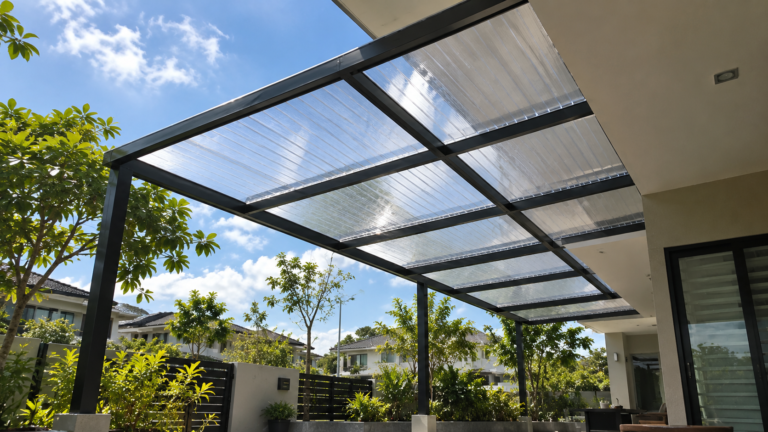 Transparent Polycarbonate Roofing Installed On A Modern Malaysian Home, Providing Outdoor Shelter From Sunlight And Rain.